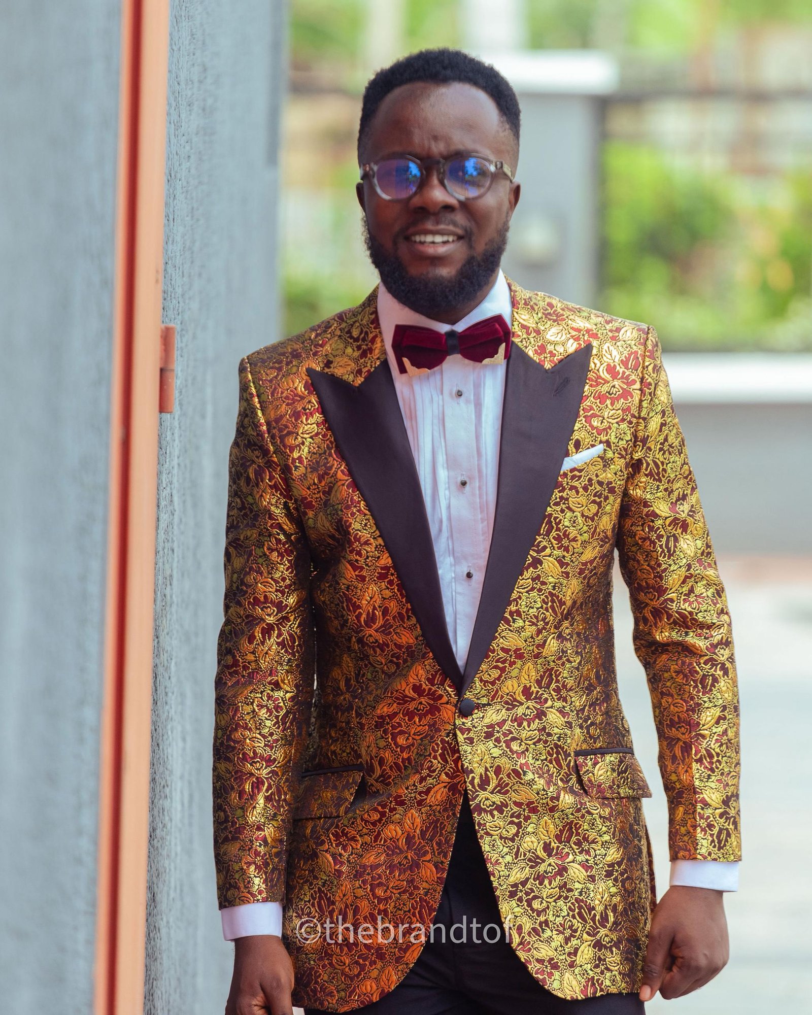 The Floral Gold and Wine Peak Lapel Tuxedo Suit